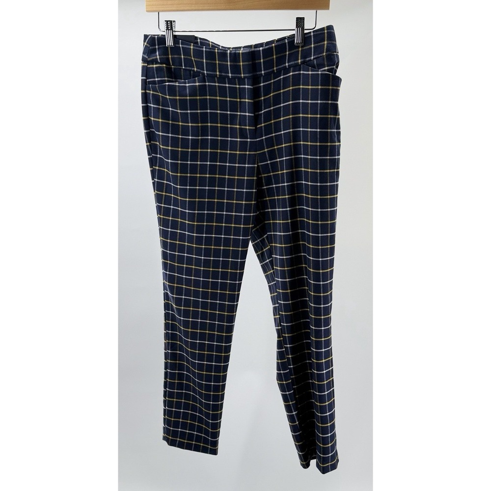 Tommy Hilfiger Women's Navy Blue Yellow Plaid Print Slim Fit Ankle Pants Size 8